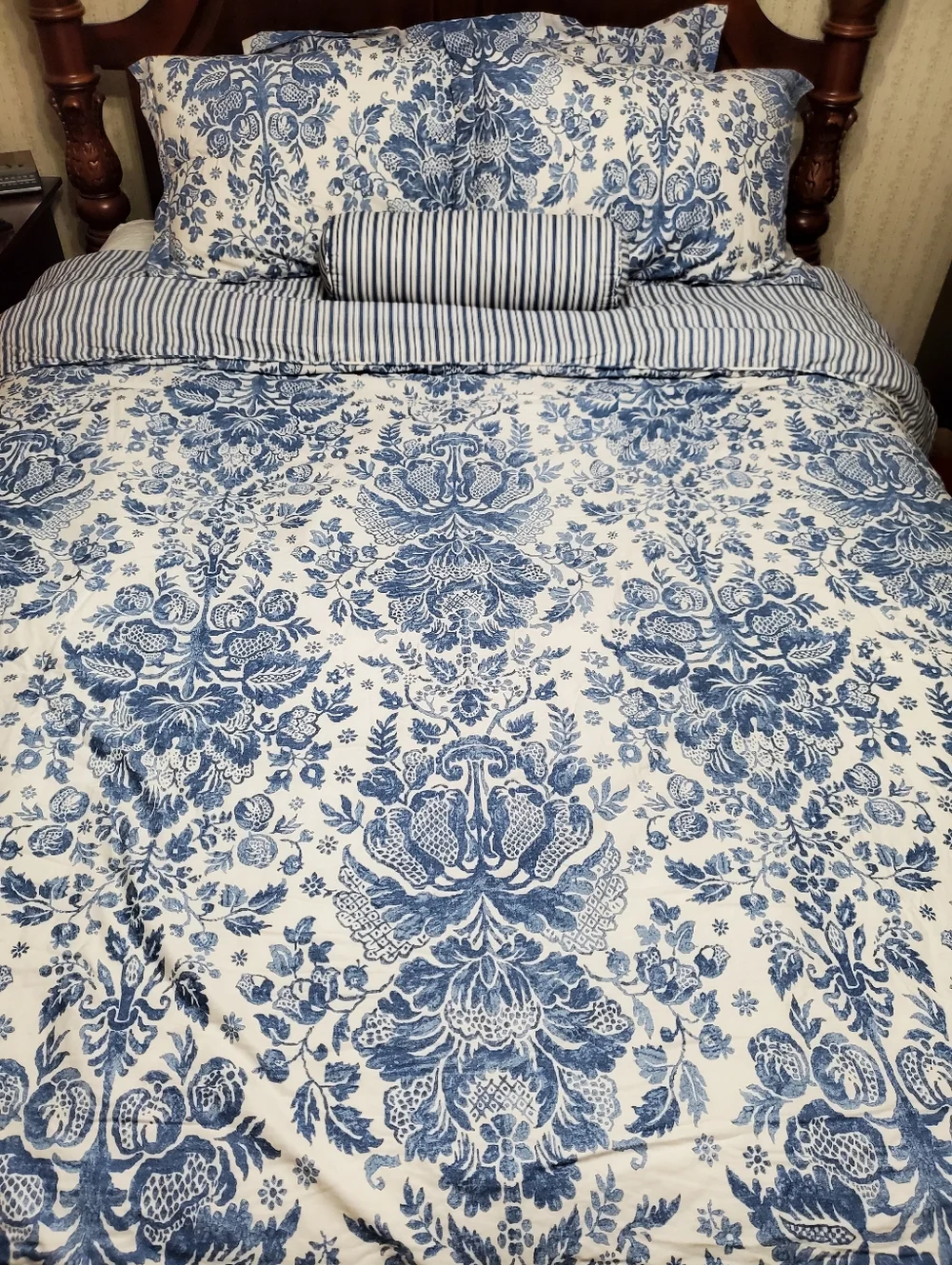 Lauren Ralph Lauren Queen comforter set, Curtains Vtg Rare Blue Ivory Damask EUC